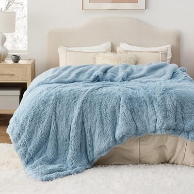 Zachte donzige imitatiebont deken - kingsize blauw, knusse pluche sherpa fleece voor bed en bank, 274 x 228 cm