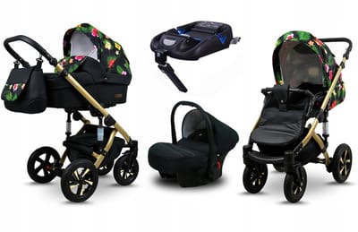 BabyLux® Kinderwagen 4in1 – SKY LARK - Paradise Flowers GOLD FRAME - Opklapbare Wandelwagen incl. Reiswieg, Multifunctionele Buggy Sportstoel, Autostoel, ISOFIX basisstation - Combi-kinderwagen met Luiertas, Regenhoes, Klamboe
