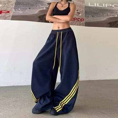 Street Gestreepte Contrasterende Wijde Pijpen Broek, Garderobe Broek, Heren en Dames, Retro Elastisch Trekkoord Gedrapeerde Casual Sportbroek S black