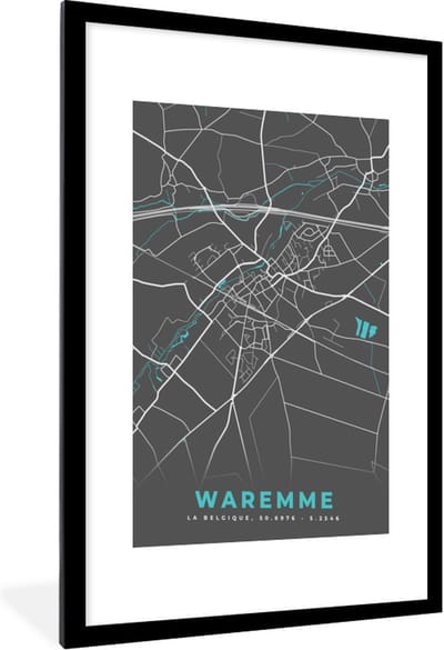 Fotolijst incl. Poster - Plattegrond – Waremme – Blauw – Stadskaart - Kaart - 60x90 cm - Posterlijst