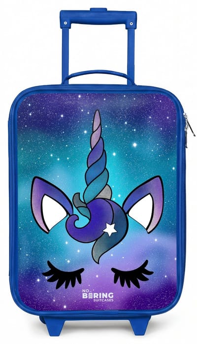 NoBoringSuitcases.com® - Kinderkoffer blauw - Kindertrolley jongen - Paarse eenhoorn - Koffer kind lichtgewicht - Reiskoffer trolley voor kinderen - Koffertje met lichtgevende wieltjes - Rolkoffer
