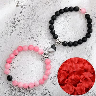 Magnetische Hartjes Kralen Armband Set + Rozenblaadjes = Valentijn Cadeautje voor Hem en Haar - Valentijnsdag - Valentijn Cadeautje voor Mannen