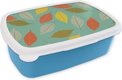 Broodtrommel Blauw - Lunchbox - Brooddoos - Bladeren - Herfst - Vintage - Pastel - Patroon - 18x12x6 cm - Kinderen - Jongen