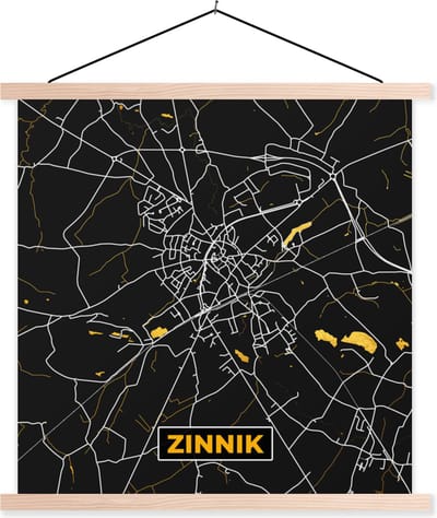 Posterhanger incl. Poster 40x40 cm - Schoolplaat - Stadskaart - Goud - Kaart - Plattegrond - Zinnik - Textielposter - Blanke latten - Stadskaart