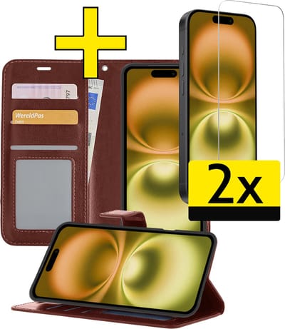Hoesje - Met 2x Screenprotector - Geschikt voor Apple iPhone 16 - Luxe Pasjeshouder - Bookcase Portemonee - Flip Case - Kunstleer Book Case - Flipcase Hoes - Book Cover - Walletcase - Portemonneehoes - Telefoonhoesjes - Bruin