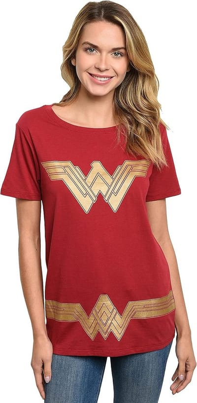 T-shirt voor dames met gouden logo, grafisch ontwerp, superhelden kostuum, Halloween, stripboek cosplay
