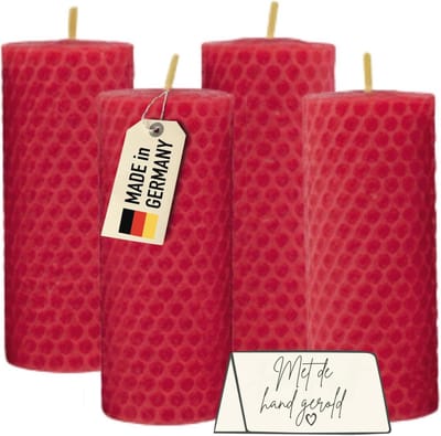 Wachsmann Stompkaarsen, set van 4, 100% bijenwas, handgerold, made in Germany, bijenwaskaarsen, honingkaarsen met elk 6 uur brandduur