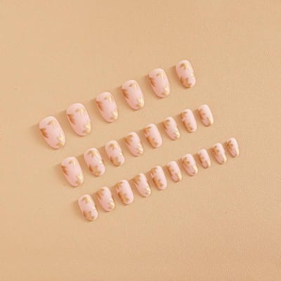 Lot de 24 faux ongles à coller en forme d'amande moyenne, motif feuille d'or, couverture complète pour femmes et filles beige
