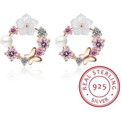 Echte 925 Sterling Zilveren Oorbellen Mooie Vlinder Kleurrijke Bloemen+Witte Parel Zirconia Kristal Sieraden Voor Vrouwen white