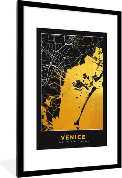 Fotolijst incl. Poster - Kaart - Venetië - Goud - Plattegrond - Stadskaart - 80x120 cm - Posterlijst