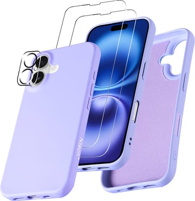 Hoesje Geschikt voor iPhone 16 – Zacht siliconen liquid backcover met 2x screenprotectors gehard glas en 1x lens protector – Lila