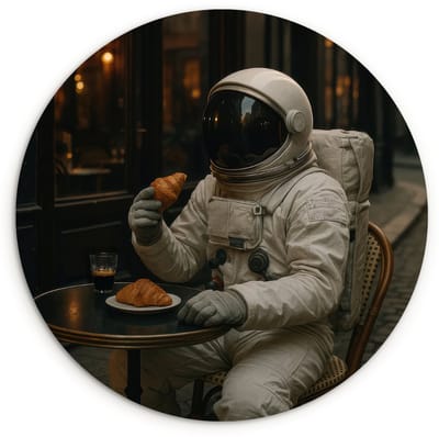 WallCircle® Wandcirkel 120x120 cm - Muurcirkel Café - Croissant - Koffie - Astronaut - Muurdecoratie woonkamer - Wanddecoratie slaapkamer - Kamer decoratie accessoires - Ronde schilderijen XXL