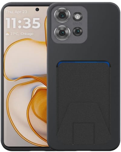 Geschikt voor Motorola Edge 50 Telefoonhoesje met Verstelbare Leren Pasjeshouder - Flexible Back Cover Case Siliconen TPU with Adjustable Leather Cardslot - Zwart - Smartphonica geschikt voor Motorola Edge 50