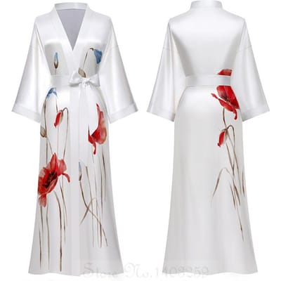 Print in Chinese stijl Dames Lange Robe Nachthemd Retro Satijnen Nachtkleding Nachthemd Halve Mouw Kimono Badjas Gewaad Losse Huiskleding One size white