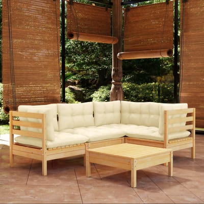 vidaXL - 5-delige - Loungeset - met - crèmekleurige - kussens - grenenhout