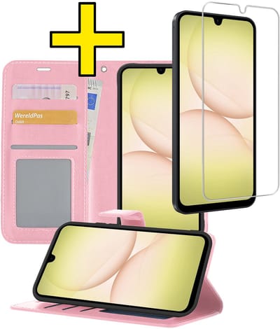 Hoesje - Met Screenprotector - Geschikt voor Samsung Galaxy A17 - Luxe Pasjeshouder - Bookcase Portemonee - Flip Case - Kunstleer Book Case - Flipcase - Book Cover - Walletcase - Portemonneehoes - Telefoonhoesjes - Lichtroze