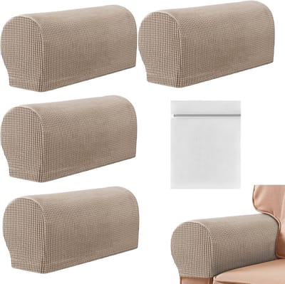 Set van 4 Stoelarmleuningen Covers met Waszak, Rekbare en Antislip Bescherming voor Armstoelen en Meubels (Beige)