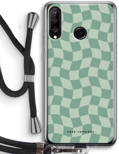 Case Company® - Hoesje met koord geschikt voor Huawei P30 Lite hoesje met Koord - Grid Groen - Telefoonhoesje met Zwart Koord - Bescherming aan alle Kanten en Over de Schermrand