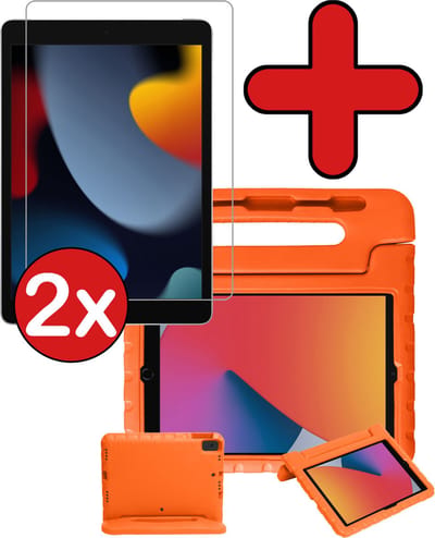Hoesje - Geschikt voor Apple iPad 8 (2020) - 10.2 inch - 8e Generatie - Met 2x Screenprotector - Kinderhoes - Shockproof Bumper - Kidsproof Case - Tablethoes - Kinder Hoes Cover - Oranje