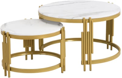 Salontafelset, marmerlook, metalen frame, ronde tafels in twee maten