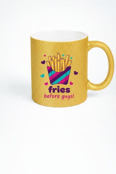 Gouden Glitter Mok 'Fries Before Guys!' - Grappige Mok voor Vriendinnen & Patat Liefhebbers