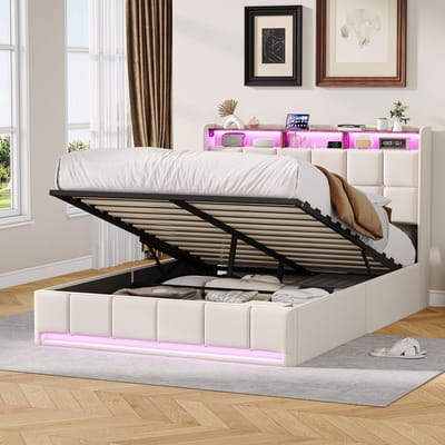 Gestoffeerd bed, tweepersoonsbed 140x190 cm, hydraulisch bed met ledverlichting en USB-oplaadpoort, beige linnen hoes, zonder matras (verzonden in 2 pakketten)