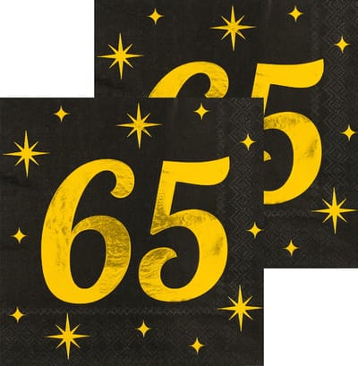 Paperdreams Verjaardag feest servetten - leeftijd 65 jaar - 32x stuks - zwart/goud - sterren - 33 x 33 cm