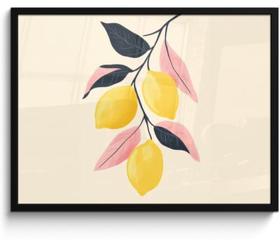 Poster in lijst - Fotolijst 70x50 cm - Posters - Citroenen - Felgeel - Tak - Bladeren - Posterlijst zwart - Decoratie - Wanddecoratie woonkamer - Muurdecoratie slaapkamer
