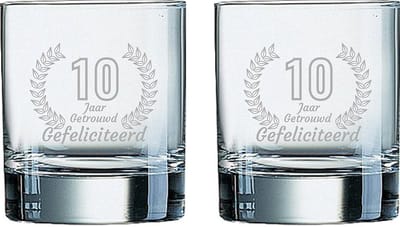 Gegraveerde set Whiskeyglazen 20cl Gefeliciteerd 10 jaar getrouwd