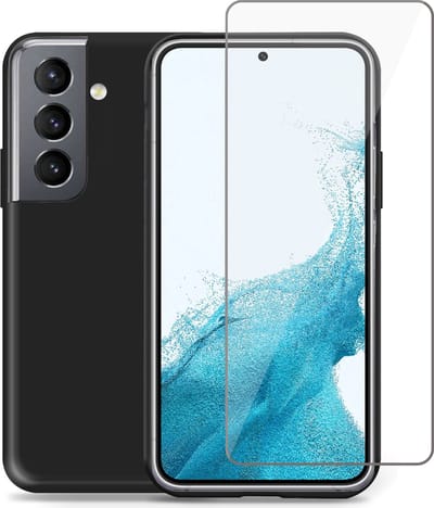 Geschikt voor Samsung S22 Hoesje + Screenprotector – Gehard Glas Cover - Suède Case Zwart