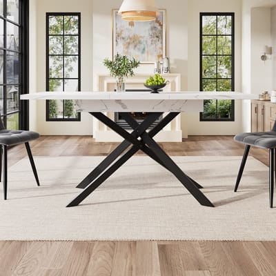 Telescopische eettafel (120-160 cm), uitschuifbare eettafel, ruimtebesparende keukentafel, zwarte gekruiste ijzeren poten, voor keuken en woonkamer, witte marmeren eettafel