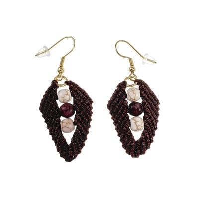 Donkerbruine Micro-Macramé Blad Oorbellen met Natuurstenen, Haakoorbellen, Lange Oorbellen Dames, Verguld RVS - Handgemaakt