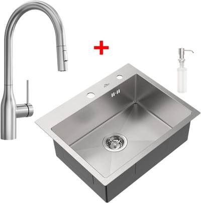 Auralum Spoelbak Keuken 55 x 45CM - Spoelbakken Keuken Met Uittrekbare Uitloop Keukenkraan - Spoelbak Met Kraangat - Spoelbak RVS met Afdruipgedeelte - Zilver