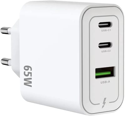 Rixus 65W Multi Port Power Adapter - White - Wall Block with Safety Protection - Designed for Smartphones and Tablets - RXHC67