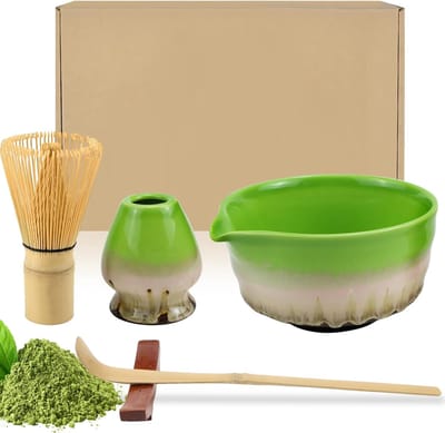 Famanu Matcha Bezem 5-delige set, Matcha Garde, Matcha Lepel, Matcha Kom met Tuit, Matcha Whisk, Keramische Matcha Tea Set (Verloop Groen)