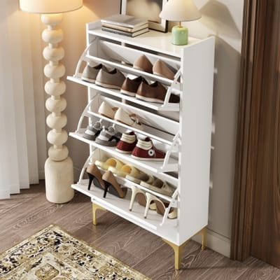 Moderne witte schoenenkast met 3 lagen – Luxe en ruimtebesparend design met grote opbergruimte en stabiele metalen poten, 63×24×120 cm