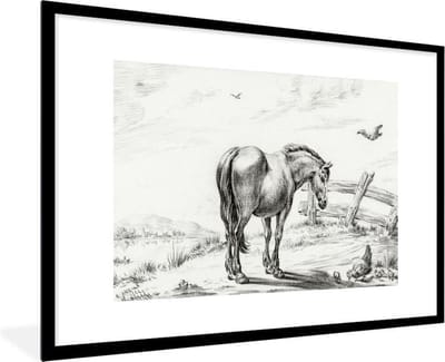 Fotolijst incl. Poster - Staand paard bij kip met kuikens - schilderij van Jean Bernard - 120x80 cm - Posterlijst