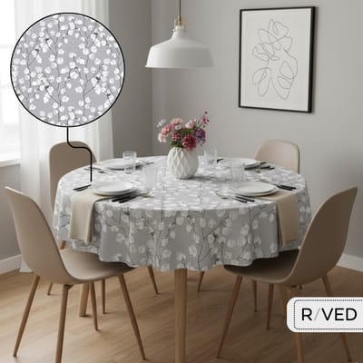 Raved Rond Tafelzeil - 160 cm ø - Lente Bloemen Grijs - PVC - Afwasbaar