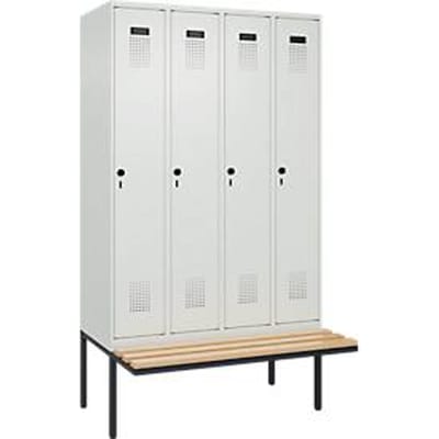C+P Evolo Plus garderobekast, 4 vakken van elk 300 mm breed, zwevende bank, B 1200 x D 815 x H 2120 mm, draaibare grendel, lichtgrijs/lichtgrijs