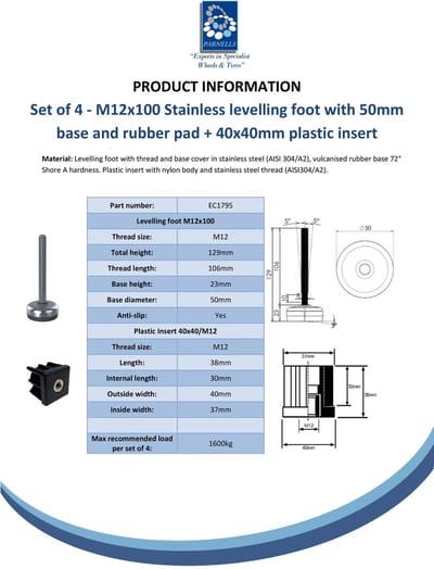 Roestvrijstalen voet M12x100 met voetplaat van 50 mm, voorzien van rubberen pad + inzetstuk 40x40x1,5 mm - Set van 4