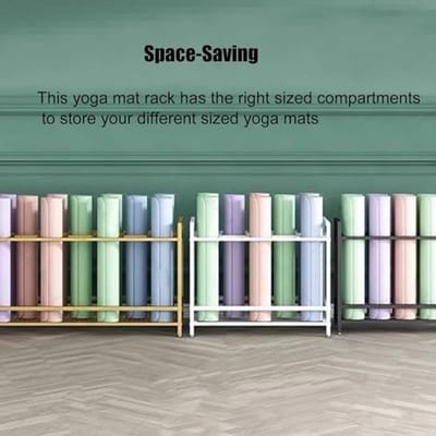 Yogamatten Opbergrek met Wielen 149 cm – Metalen Yoga Mat Houder & Fitness Organizer voor Home Gym en Studio – Ruimtebesparend Opslagsysteem voor Yogamatten, Pilates Matten en Fitness Accessoires