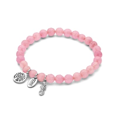 CO88 Collection 8CB-90978 Stalen Armband - Dames - Kralen - Jade - Roze - 6 mm Doorsnee - Hanger - Zeepaard - 15 x 5 mm - Levensboom - 10 mm Doorsnee - Rekbaar - 18 cm - Staal - Zilverkleurig