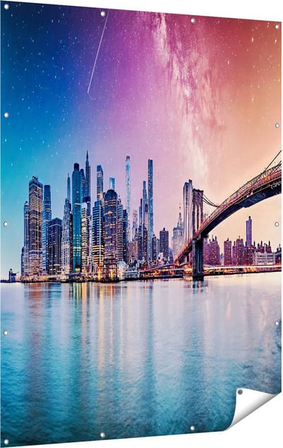 Gards Tuinposter New York Skyline met een Kleurrijke Hemel - 120x160 cm - Tuindoek - Tuindecoratie - Wanddecoratie buiten - Tuinschilderij
