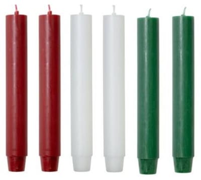 Cactula | Luxe Gekleurde Dikke Dinerkaarsen | 18 x 2.6 cm | in Kerst kleuren | 6 stuks | 14 branduren | Groen / Wit / Rood
