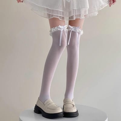 Chaussettes Hautes Sexy en Dentelle pour Femmes Filles Chaussettes Douces Mignonnes Japonais Lolita Jk Hautes aux Genoux Longues Bas Noir Blanc Ruban à Nœud One Size gray