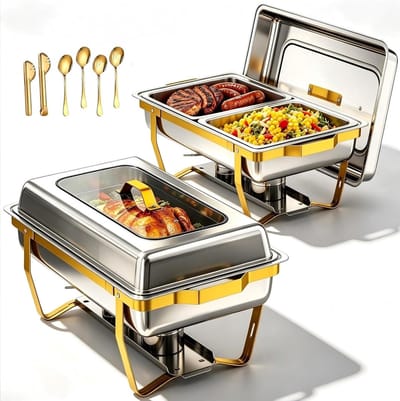 Chafing Dishes Set - Buffet Warmers - Evenementen Serveren - RVS Rolled Edge - 2x Full Size - Zilver