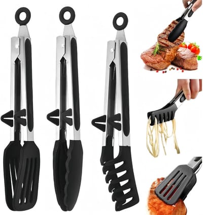 TOVBMUP Keukentang - 3-pack - 27 cm - Grilltang van roestvrij staal - Met standaard - Onbeschadigd - BPA-vrij - Siliconen van voedingskwaliteit - Antislip - Machinewasbaar