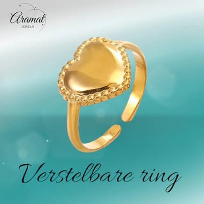 Aramat Jewels | Ringen | Stalen verstelbare ring -hart met bolletjes rand | Goudkleur | |10mm | Staal | Volwassenen | Verkleurd niet
