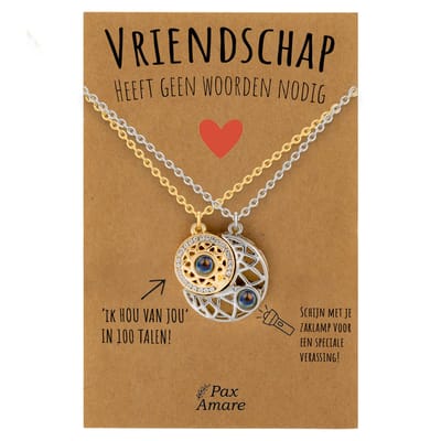 BFF Ketting voor 2 'Vriendschap heeft geen woorden nodig' - Rondjes ILY IN 100 TALEN - Vriendschapsketting op Cadeau Kaartje - 45cm + 5cm verstelbaar - Goudkleurig & Zilverkleurig - Best Friends Hanger - Pax Amare