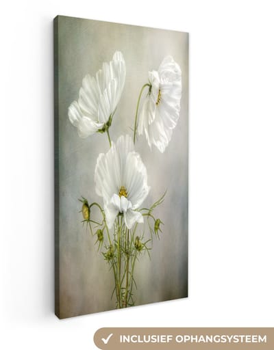 Canvas schilderij 20x40 cm - Wanddecoratie Bloemen - Stilleven - Klaproos - Wit - Botanisch - Muurdecoratie woonkamer - Slaapkamer decoratie - Kamer accessoires - Schilderijen op canvas